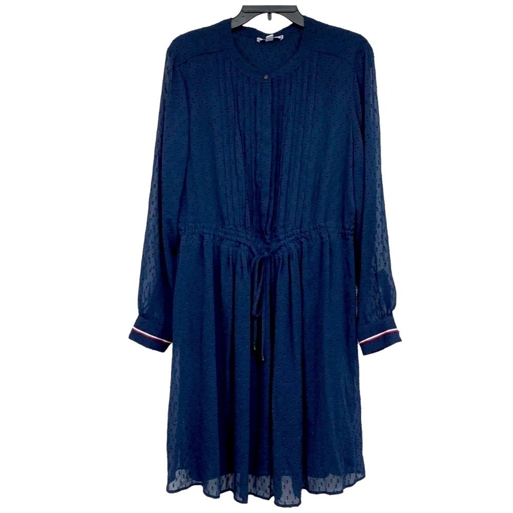Tommy Hilfiger Shift Dress Cover Up Sz XL Navy Blue Swiss Dot Pleated Front - Picture 2 of 9